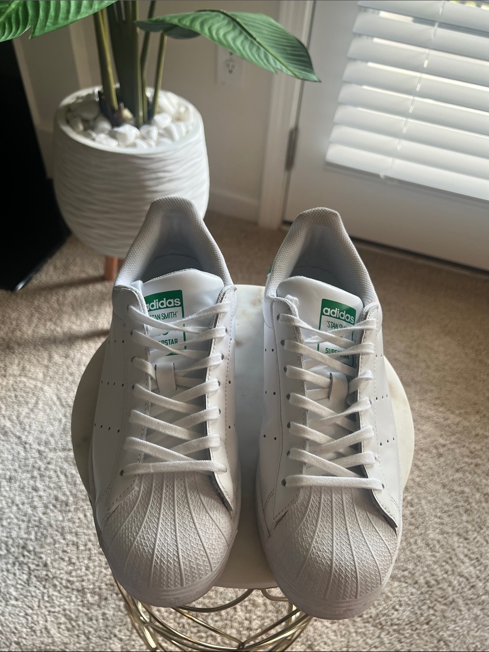 adidas White Sneakers with Green Tongue Logo